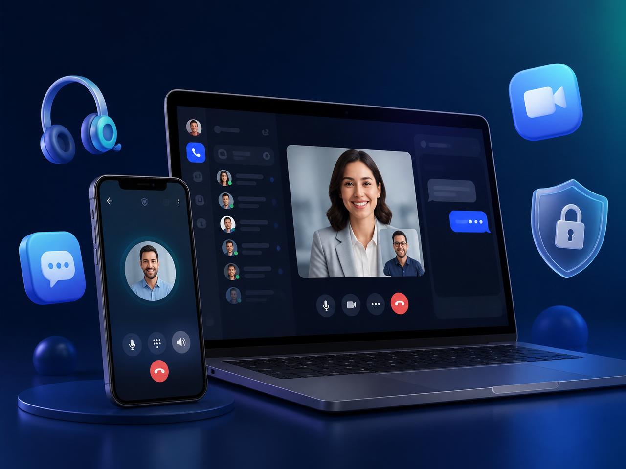 Aplicativo Corporativo Vozio rodando em smartphone e laptop com softphone e videochamada