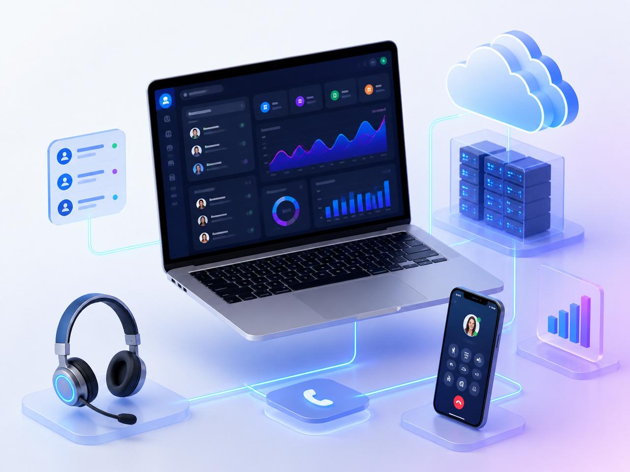 Dashboard do PABX Virtual em Nuvem da Vozio com laptop, smartphone e servidores em cloud